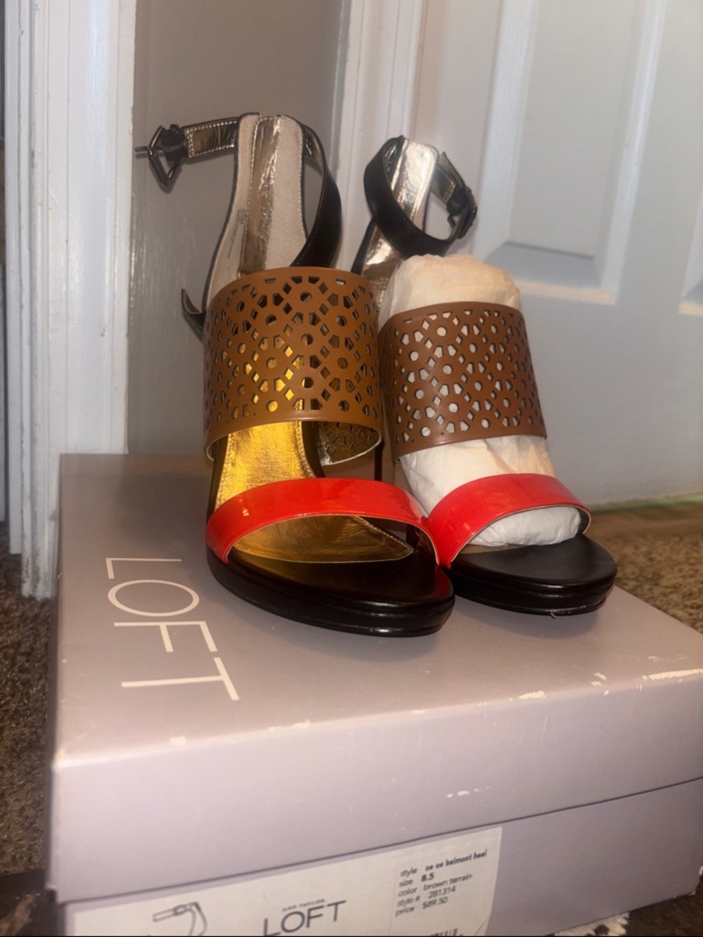 LOFT Brown Laser-Cut Ankle-Strap Heels with Red and Gold Accents